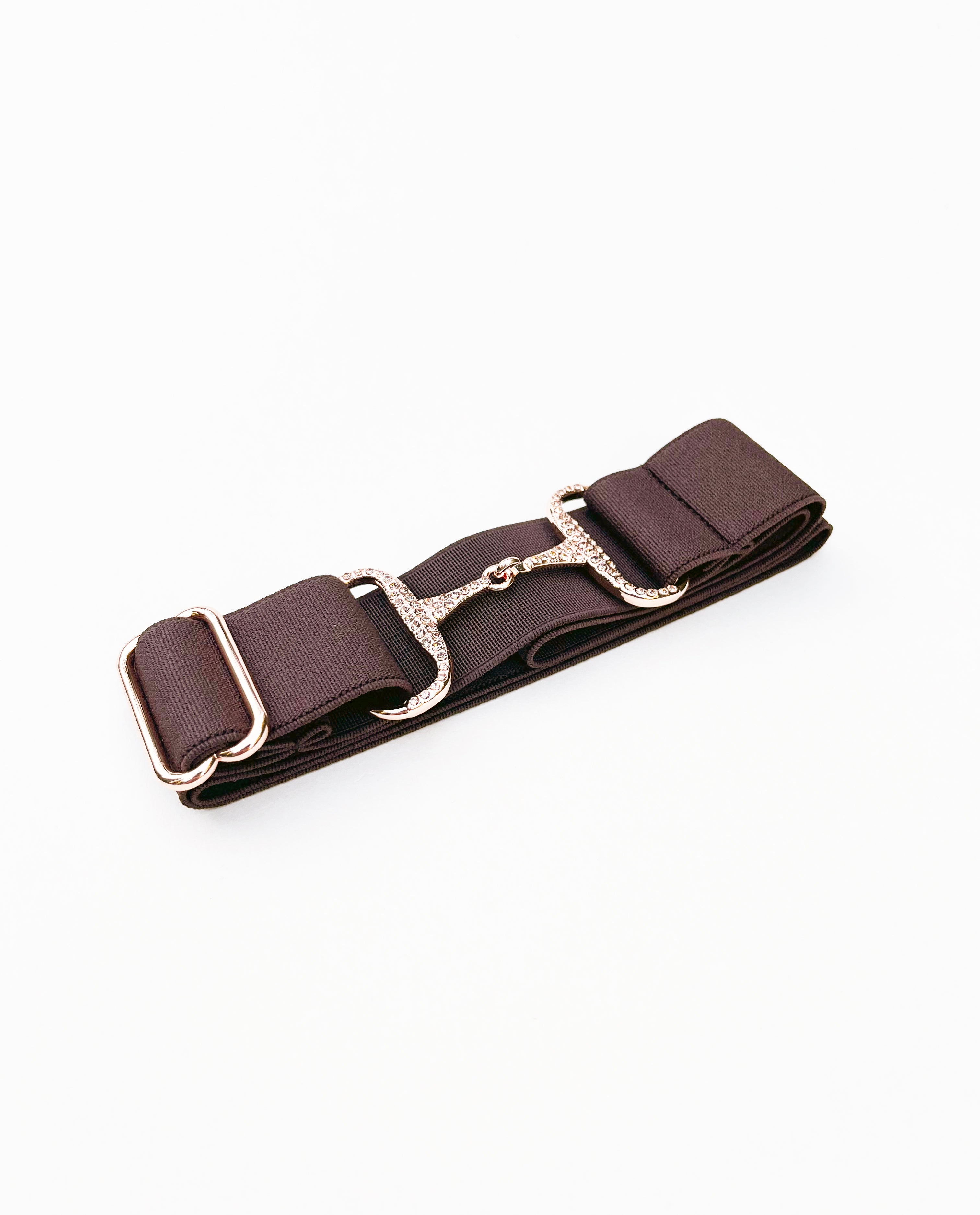 Brown elastic belt with rose gold rhinestone buckle