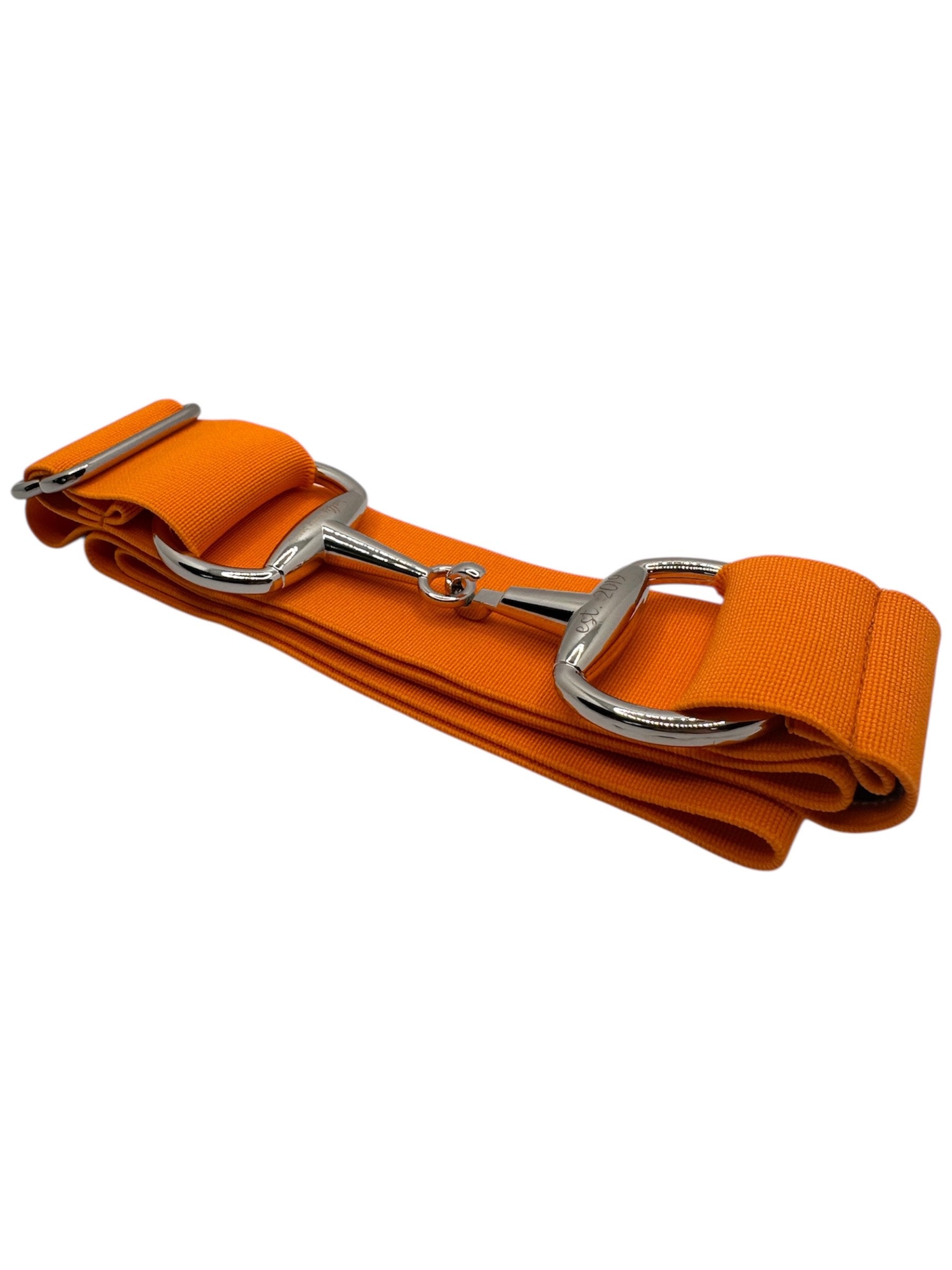 Orange elastic belt with snaffle bit buckle