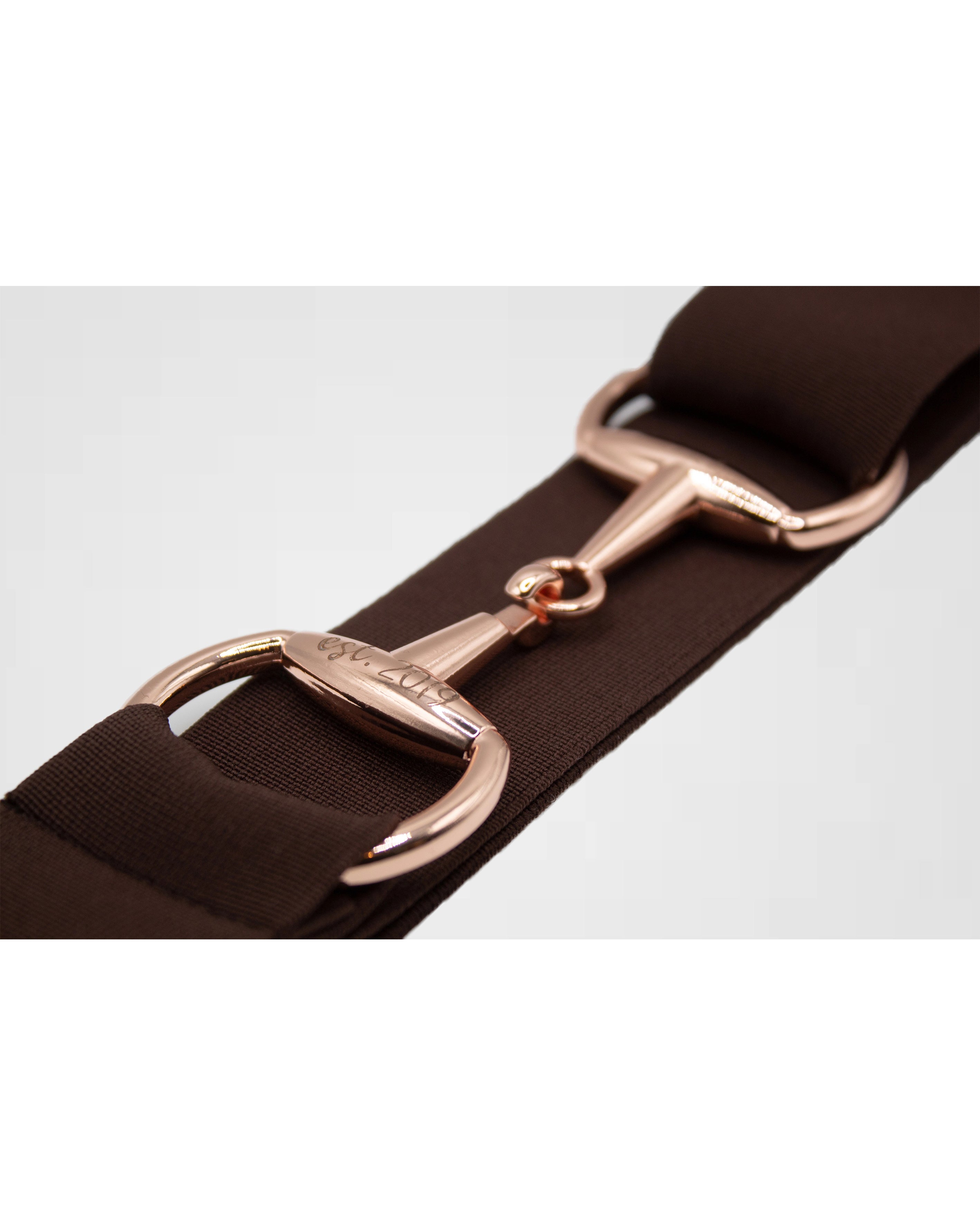 Brown elastic belt with rose gold snaffle bit buckle