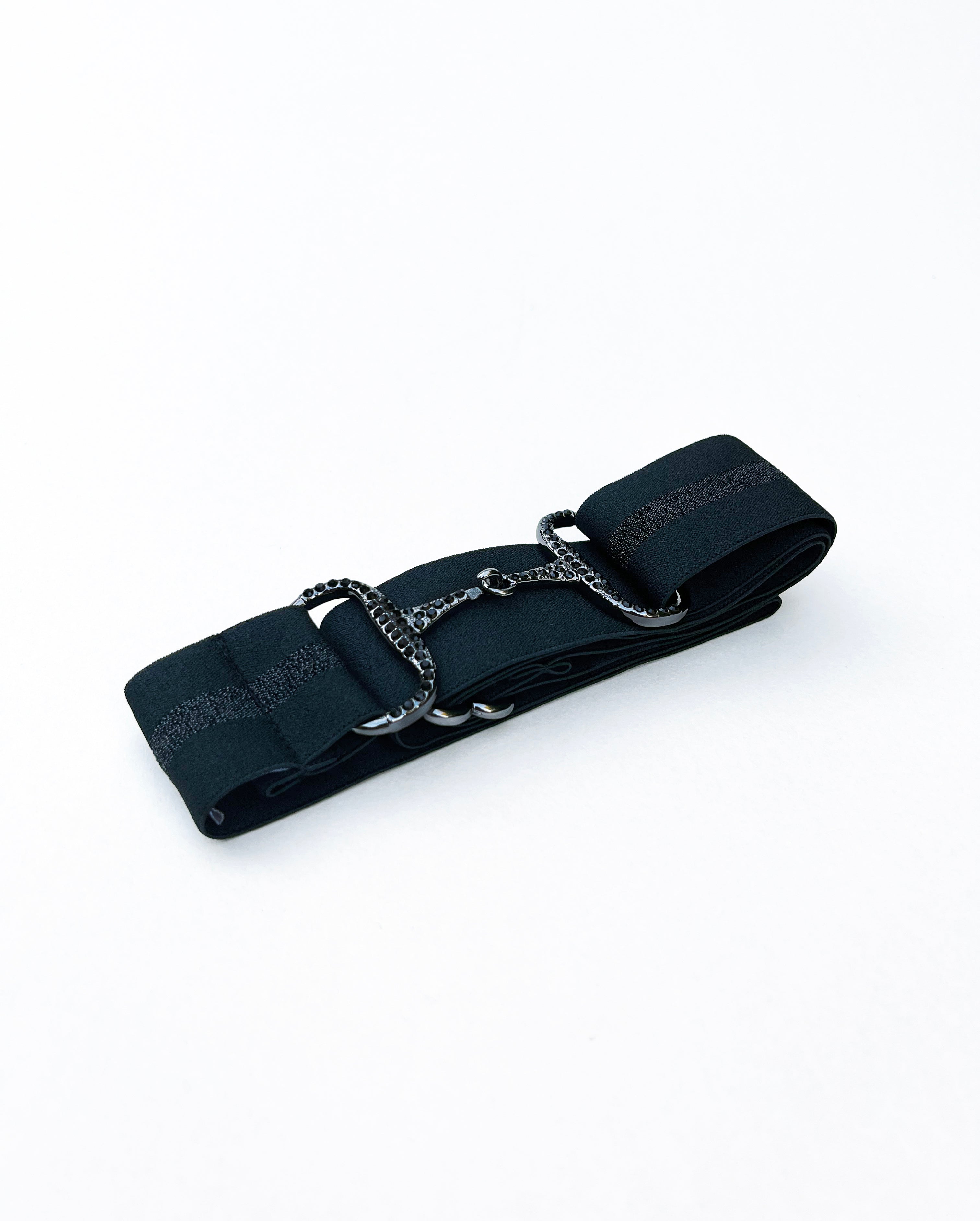 Black elastic belt with black rhinestone snaffle bit buckle