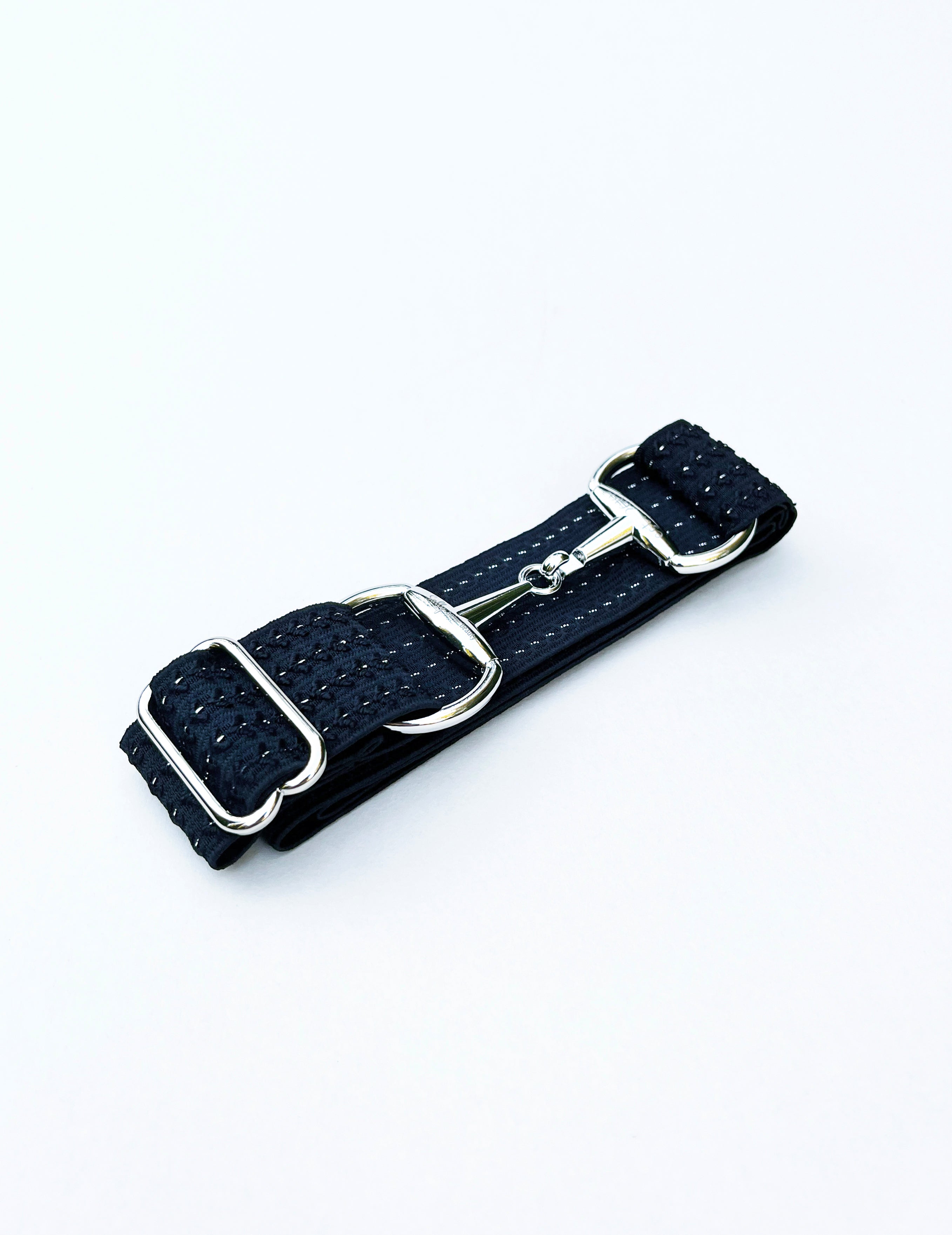 Black textured elastic belt with snaffle bit buckle