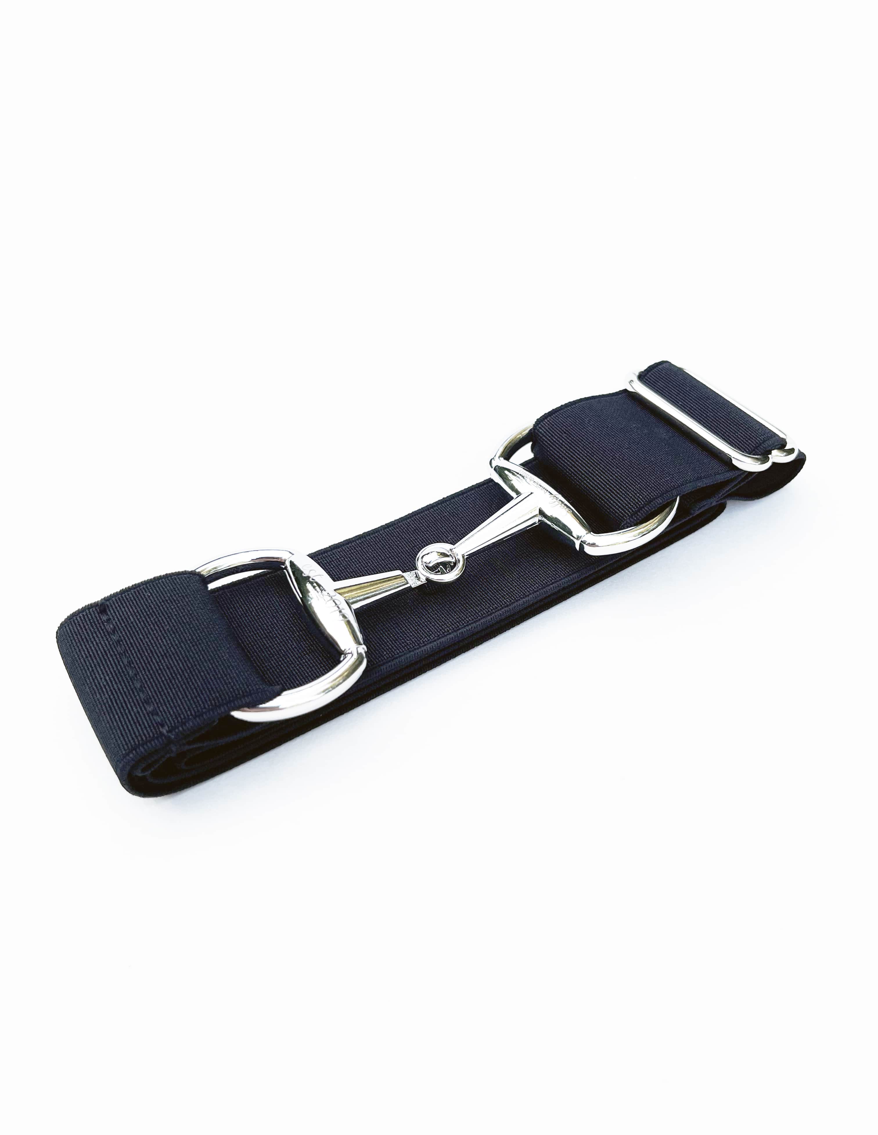 Black elastic belt with snaffle bit buckle
